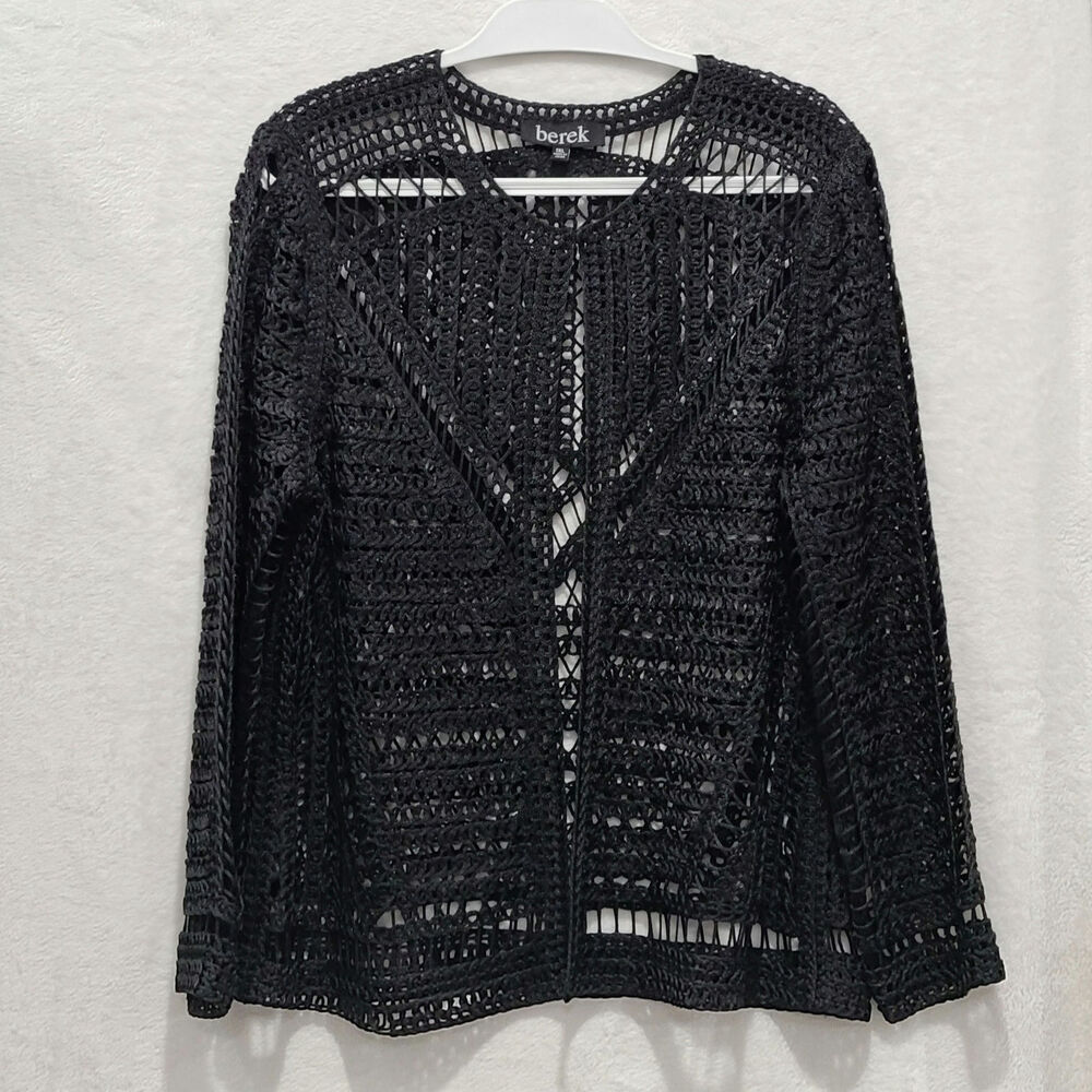 Berek Black Open Knit Crochet Cardigan Jacket Boho Coastal Whimsigoth Size XL